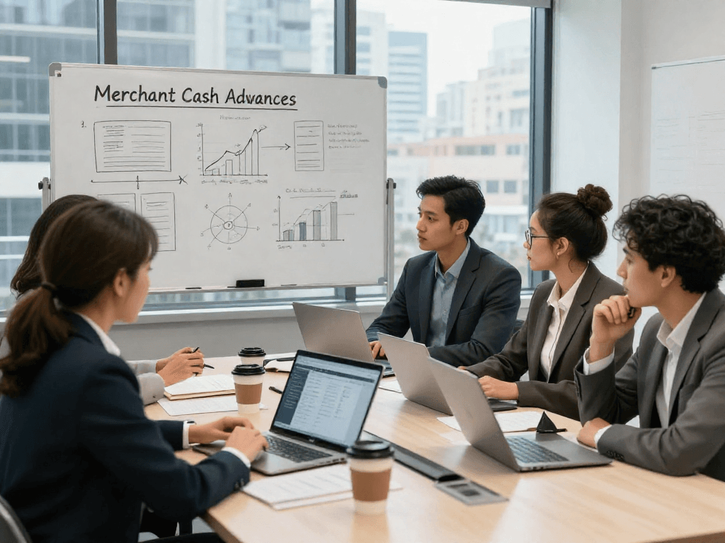 Team discussing if merchant cash advances are expensive in a professional office meeting.